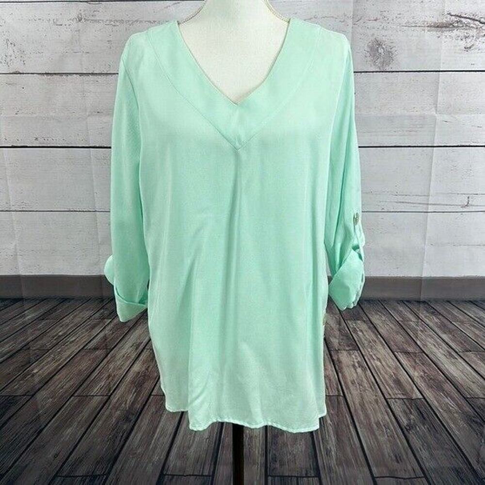 Soft Surroundings Top Shirt Womens‎ Large Blue Green Knit Coastal Boxy Capsule